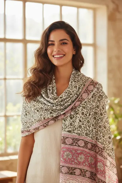 Kalamkari Hand Block Printed Modal Silk Stole – White & Pink Block Print, 210x55cm