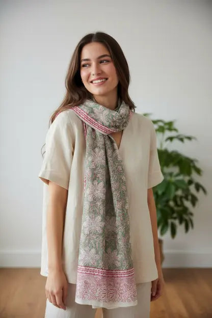 Kalamkari Hand Block Printed Modal Silk Stole – White & Green Botanical, 210x55cm