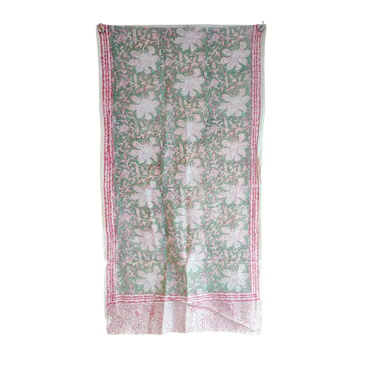 Kalamkari Hand Block Printed Modal Silk Stole – White & Green Botanical, 210x55cm