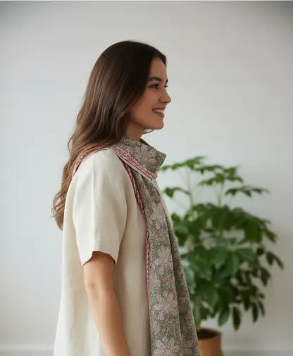 Kalamkari Hand Block Printed Modal Silk Stole – White & Green Botanical, 210x55cm