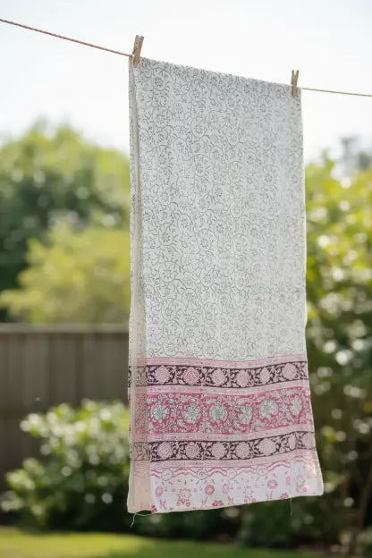 Kalamkari Hand Block Printed Modal silk Stole – White & Pink Floral, 210x55cm