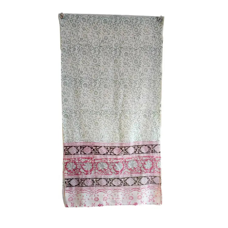 Kalamkari Hand Block Printed Modal silk Stole – White & Pink Floral, 210x55cm