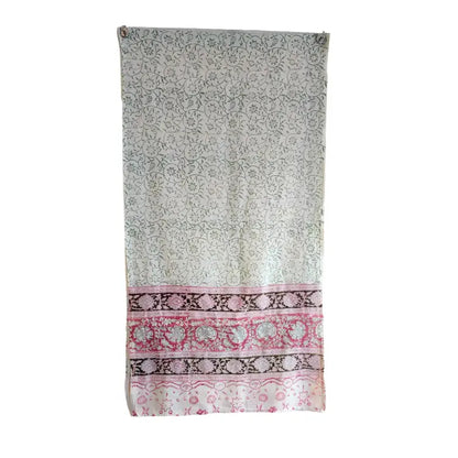 Kalamkari Hand Block Printed Modal silk Stole – White & Pink Floral, 210x55cm
