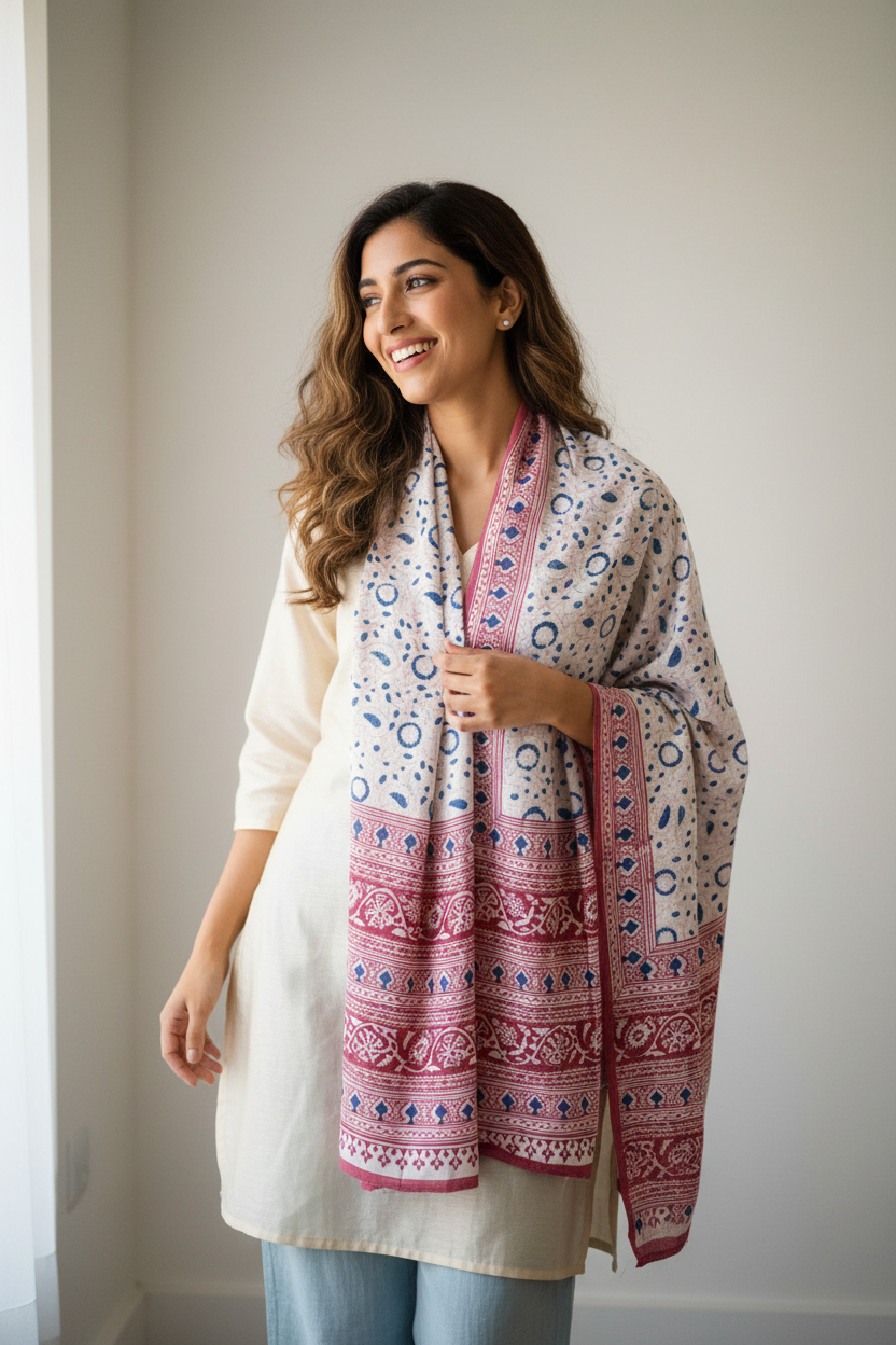 Kalamkari Hand Block Printed Modal Silk Stole – White & Pink Vine Print, 210x55cm