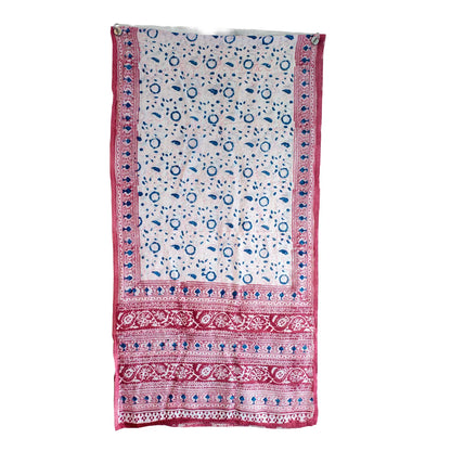 Kalamkari Hand Block Printed Modal Silk Stole – White & Pink Vine Print, 210x55cm