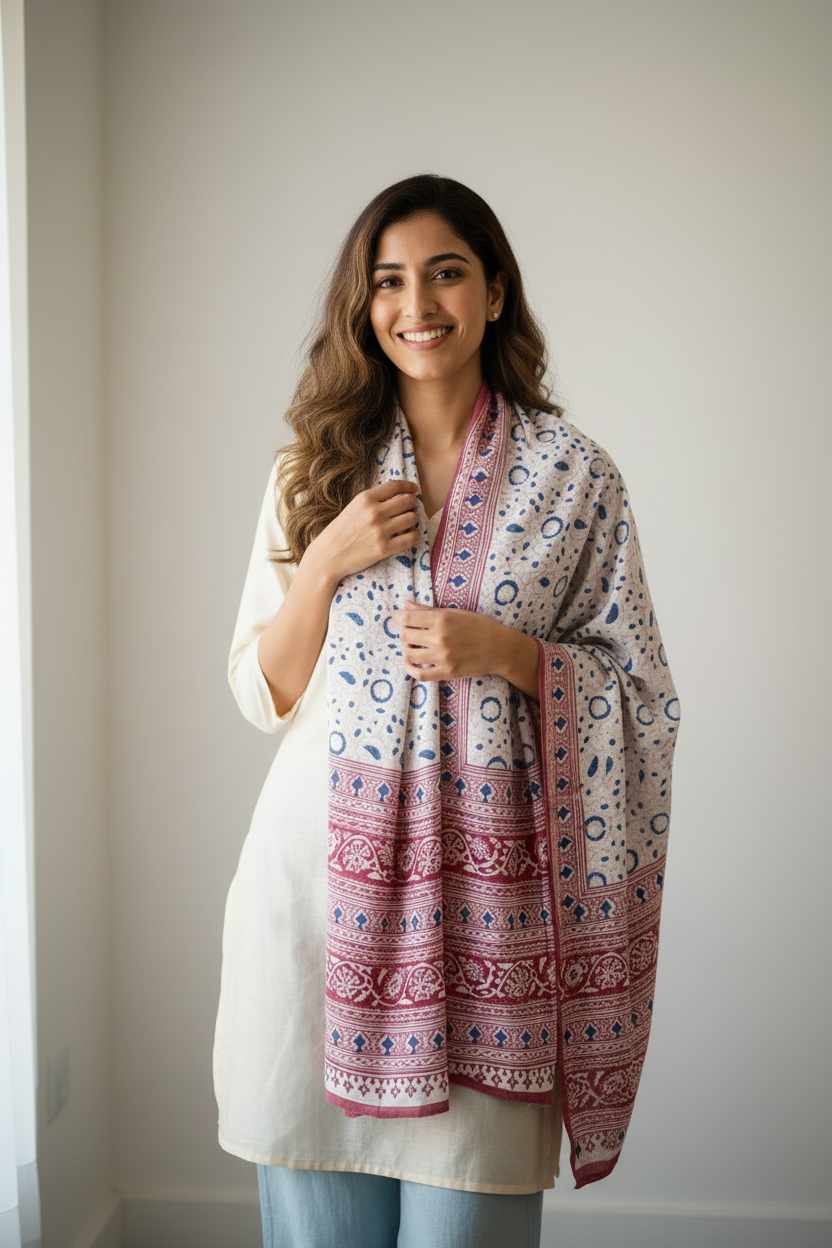 Kalamkari Hand Block Printed Modal Silk Stole – White & Pink Vine Print, 210x55cm