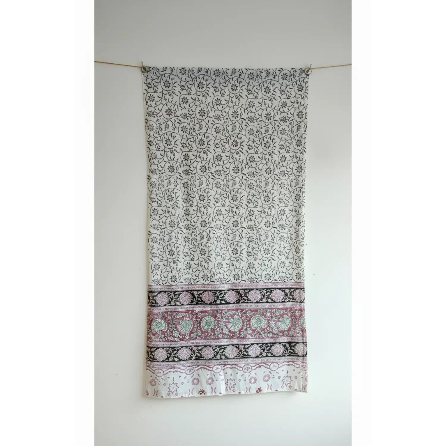 Kalamkari Hand Block Printed Modal Silk Stole – White & Pink Jaal Print, 210x55cm