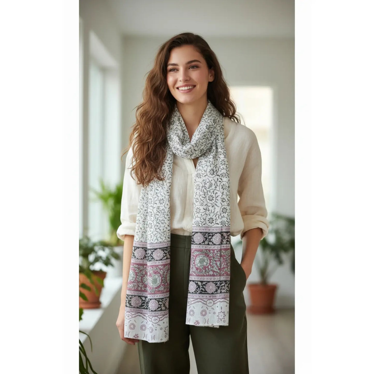 Kalamkari Hand Block Printed Modal Silk Stole – White & Pink Jaal Print, 210x55cm
