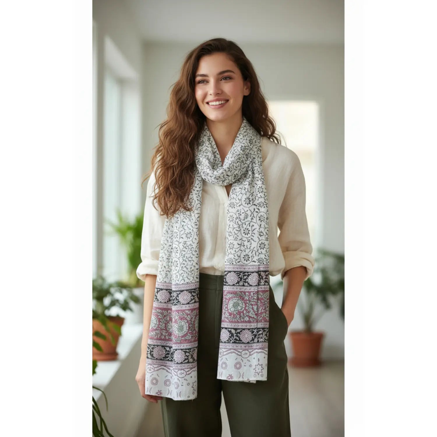 Kalamkari Hand Block Printed Modal Silk Stole – White & Pink Jaal Print, 210x55cm