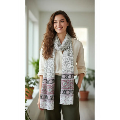 Kalamkari Hand Block Printed Modal Silk Stole – White & Pink Jaal Print, 210x55cm