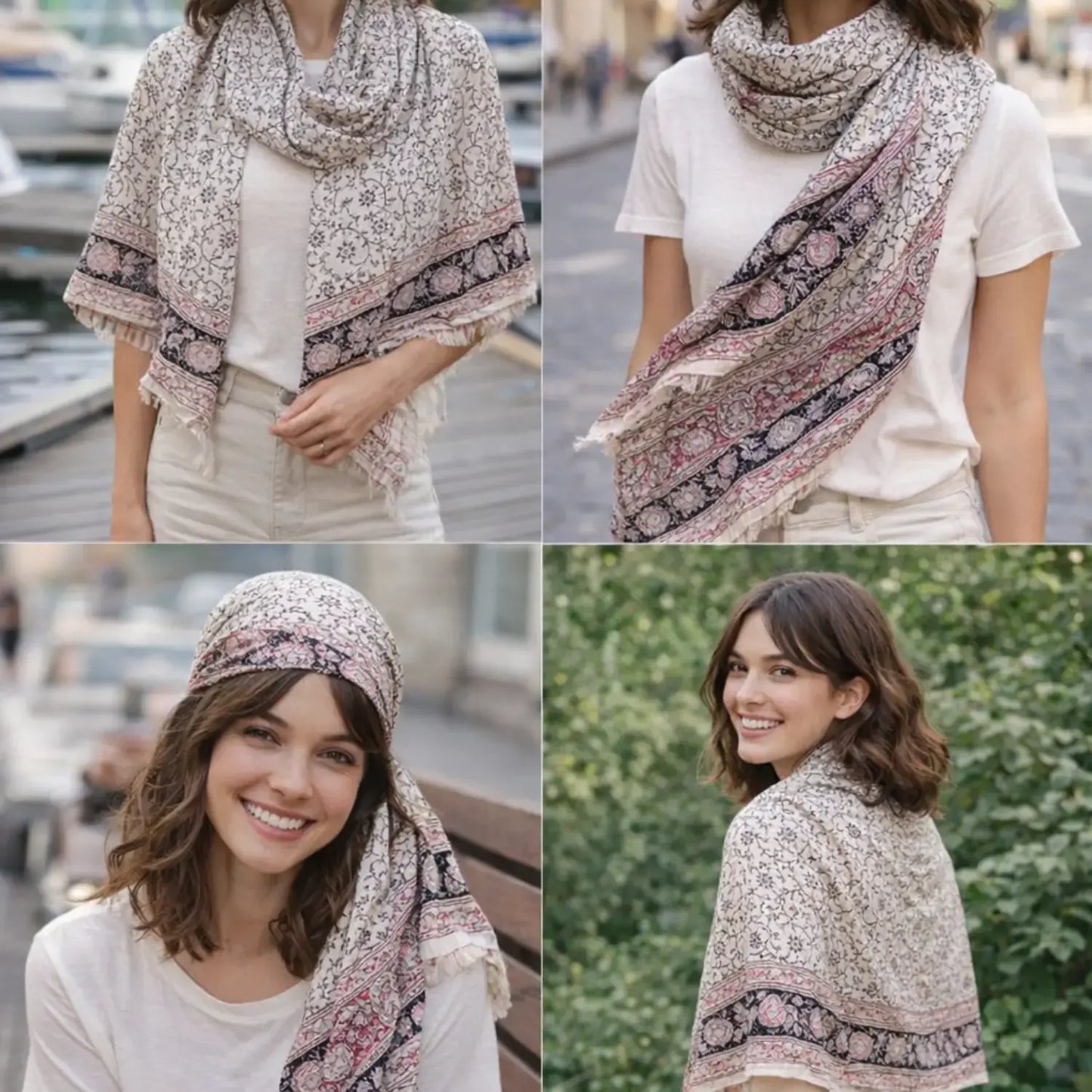 Kalamkari Hand Block Printed Modal Silk Stole – White & Pink Jaal Print, 210x55cm