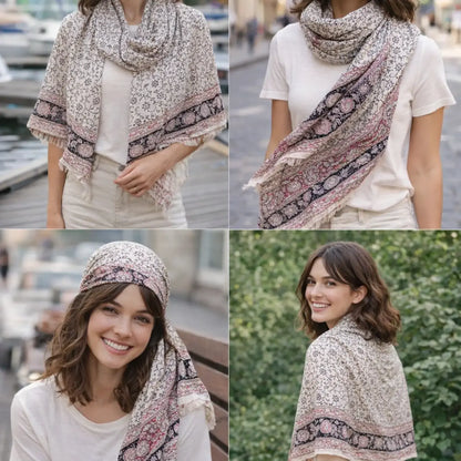 Kalamkari Hand Block Printed Modal Silk Stole – White & Pink Jaal Print, 210x55cm