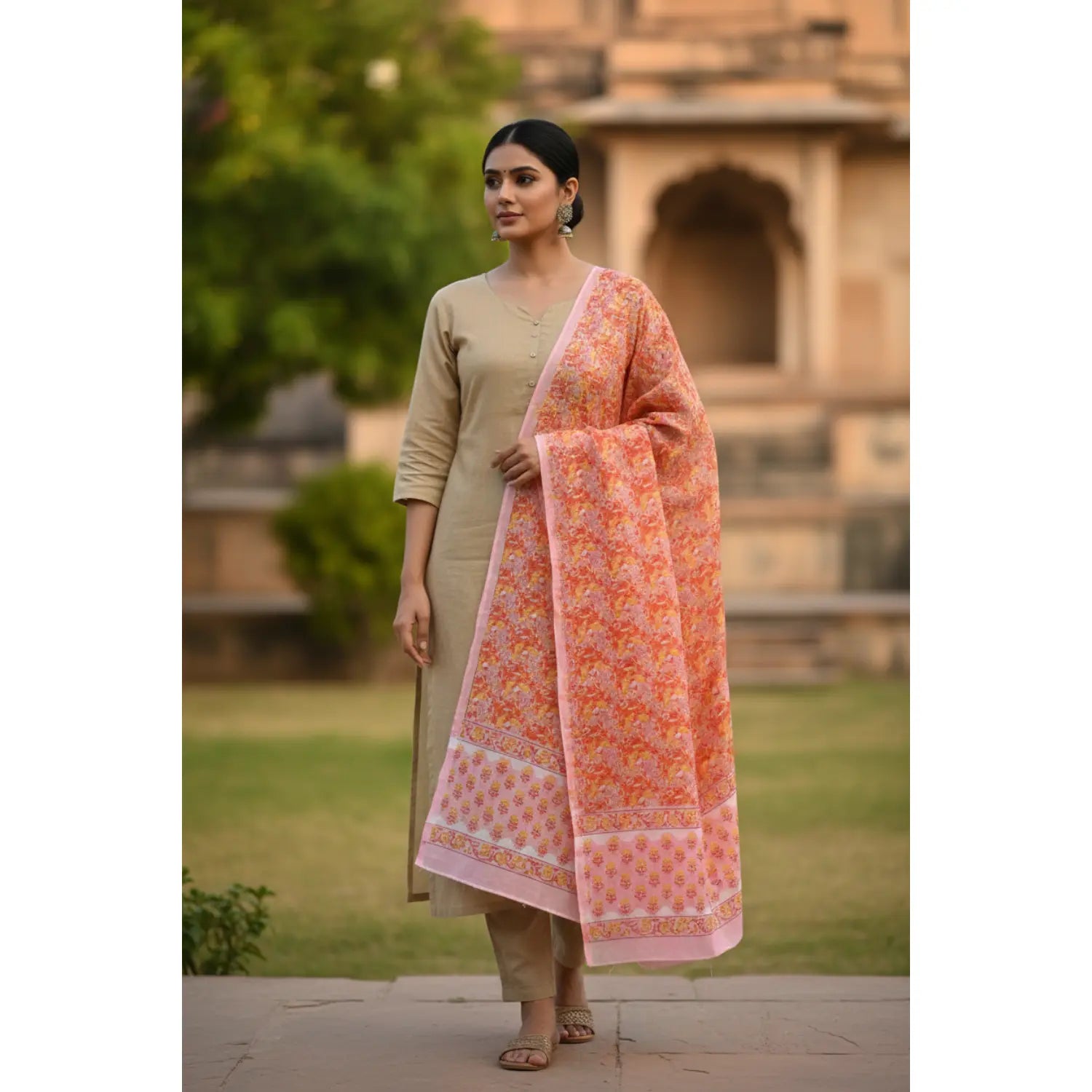 Bagru Hand Block Floral Printed Cotton Mulmul Dupatta