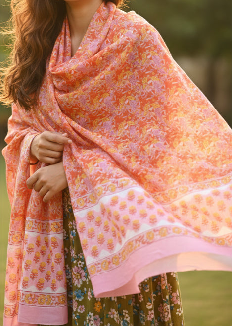 Bagru Hand Block Floral Printed Cotton Mulmul Dupatta