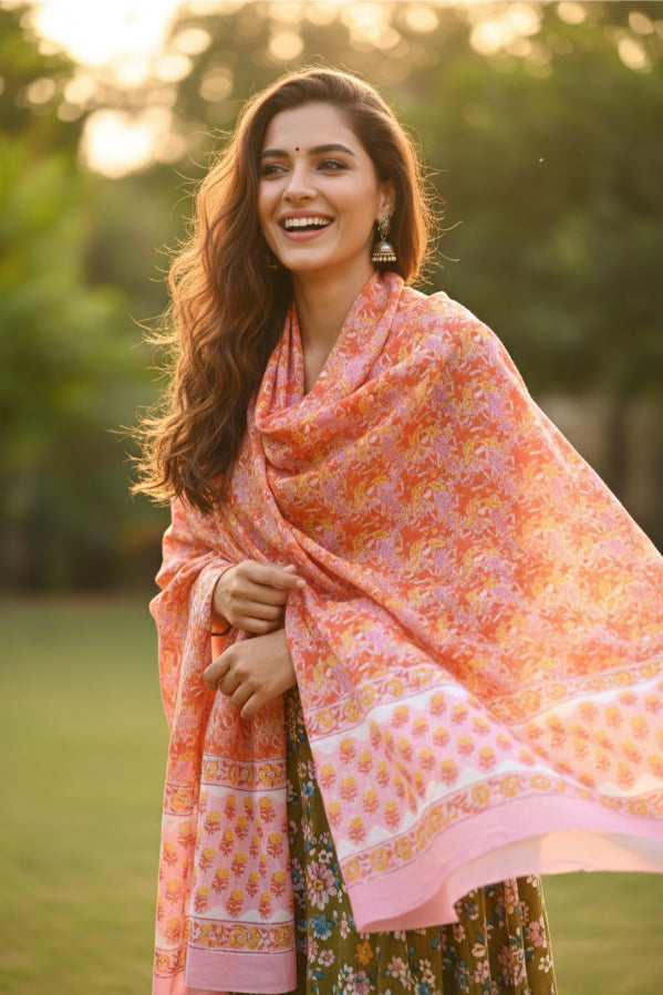 Bagru Hand Block Floral Printed Cotton Mulmul Dupatta