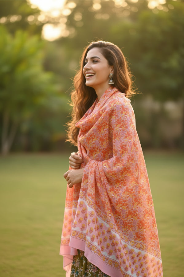 Bagru Hand Block Floral Printed Cotton Mulmul Dupatta
