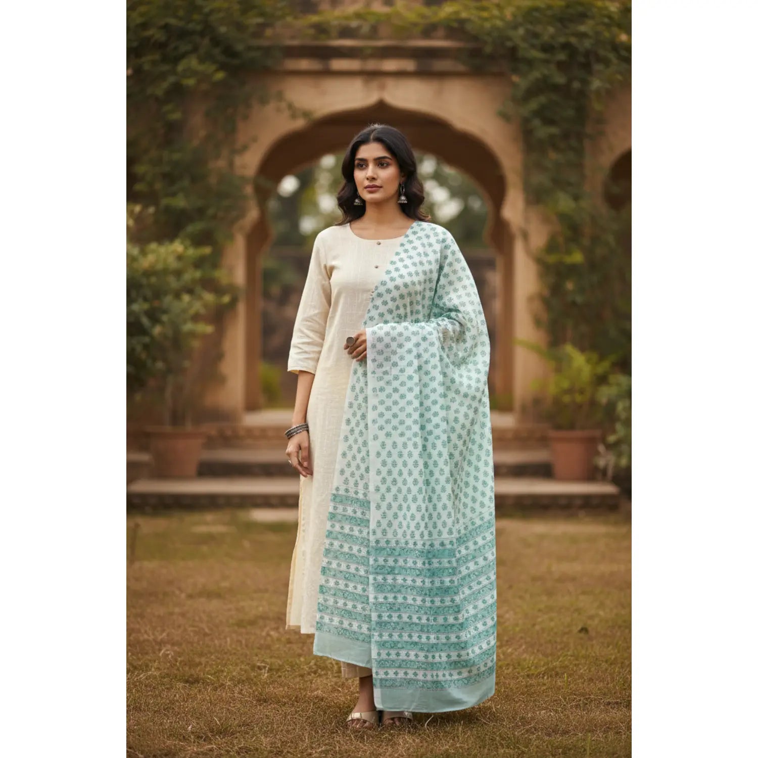 Bagru Hand Block Floral Printed Cotton Mulmul Dupatta