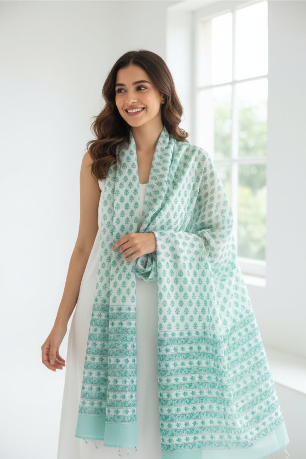 Bagru Hand Block Floral Printed Cotton Mulmul Dupatta
