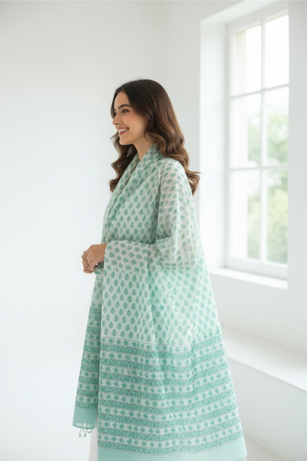 Bagru Hand Block Floral Printed Cotton Mulmul Dupatta