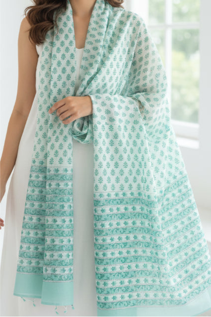 Bagru Hand Block Floral Printed Cotton Mulmul Dupatta