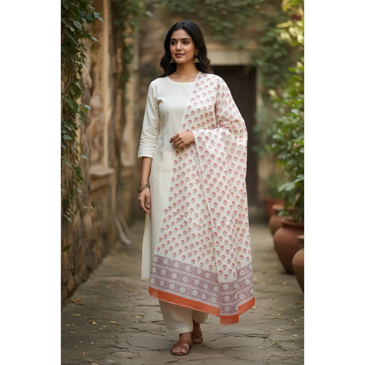 Bagru Hand Block Floral Printed Cotton Mulmul Dupatta