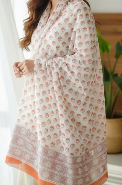 Bagru Hand Block Floral Printed Cotton Mulmul Dupatta