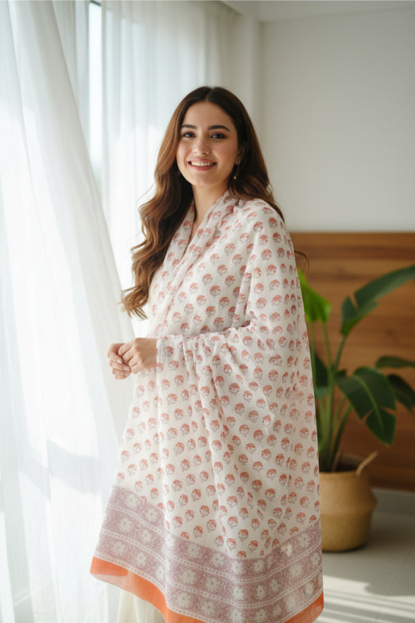 Bagru Hand Block Floral Printed Cotton Mulmul Dupatta