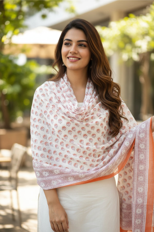 Bagru Hand Block Floral Printed Cotton Mulmul Dupatta