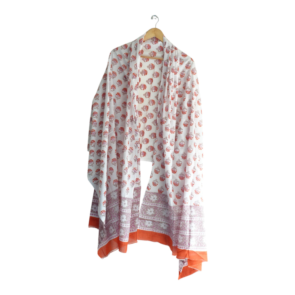 Bagru Hand Block Floral Printed Cotton Mulmul Dupatta