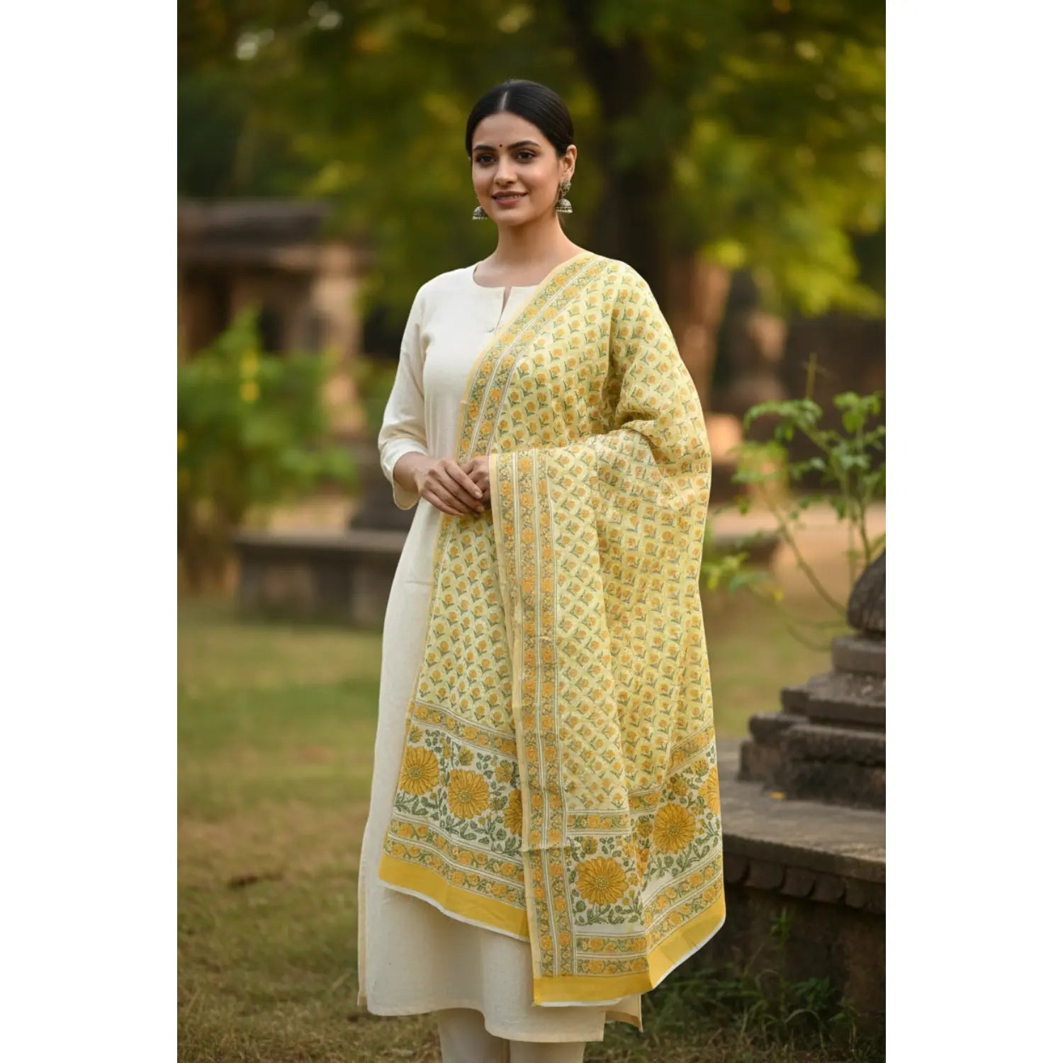 Bagru Hand Block Floral Printed Cotton Mulmul Dupatta