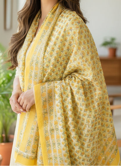 Bagru Hand Block Floral Printed Cotton Mulmul Dupatta