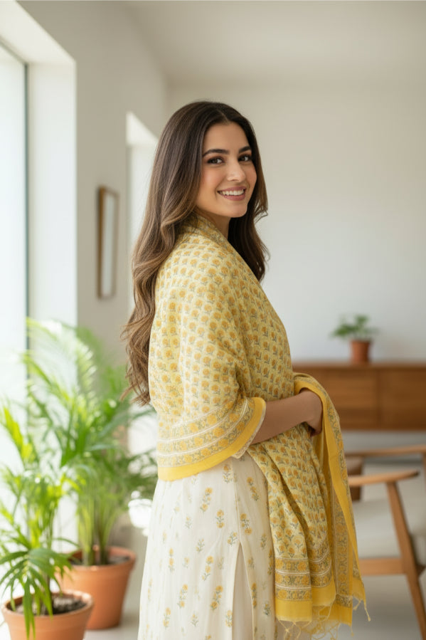 Bagru Hand Block Floral Printed Cotton Mulmul Dupatta