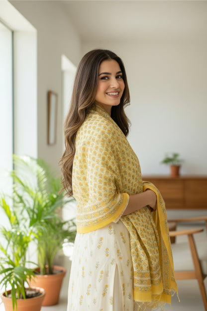 Bagru Hand Block Printed Mulmul Cotton Dupatta – Lemon Yellow Floral Buti