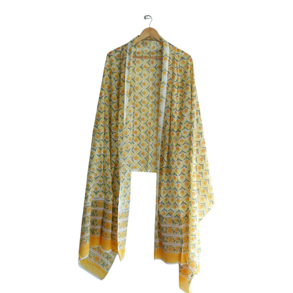 Bagru Hand Block Floral Printed Cotton Mulmul Dupatta