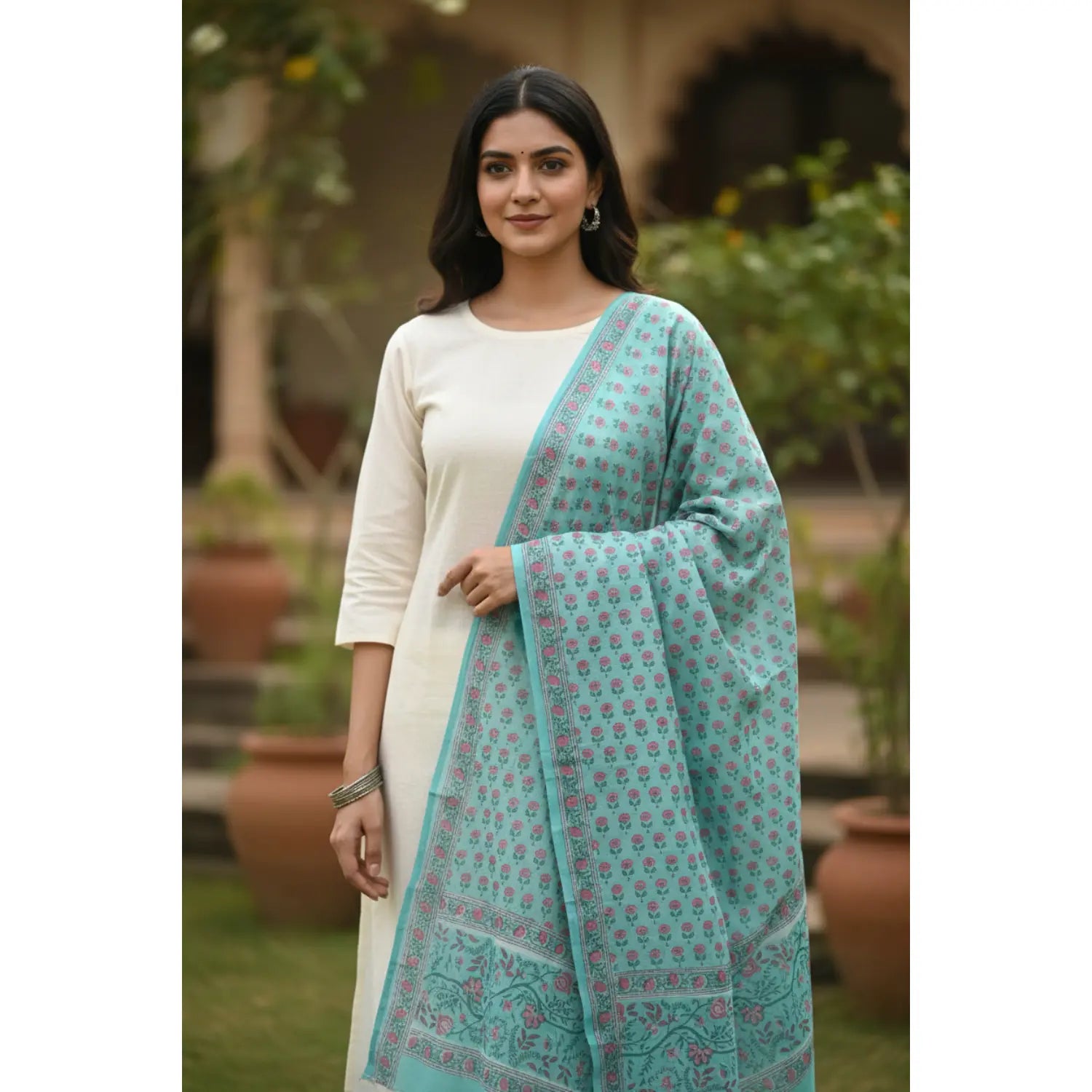 Bagru Hand Block Floral Printed Cotton Mulmul Dupatta