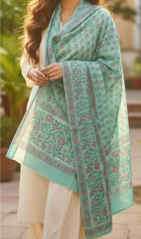 Bagru Hand Block Floral Printed Cotton Mulmul Dupatta