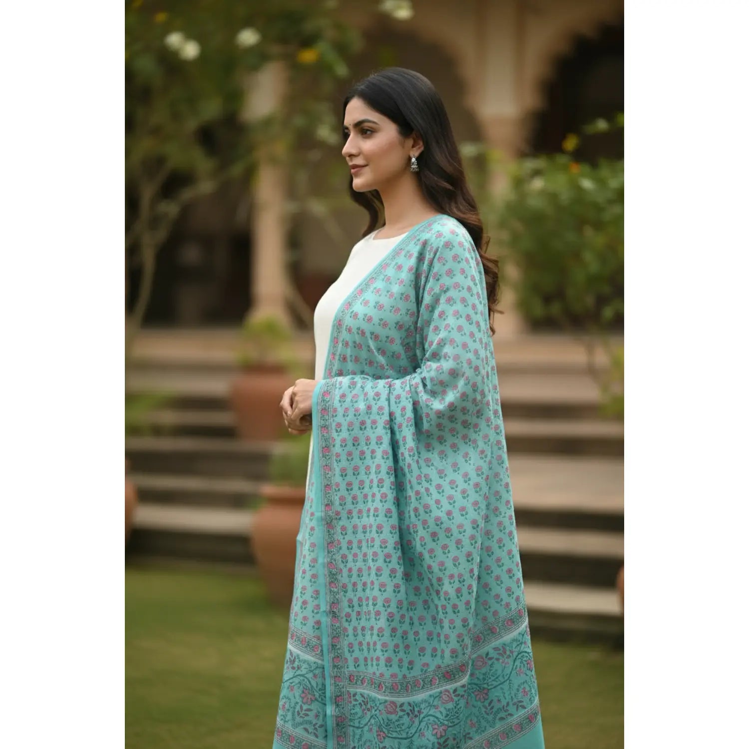 Bagru Hand Block Floral Printed Cotton Mulmul Dupatta