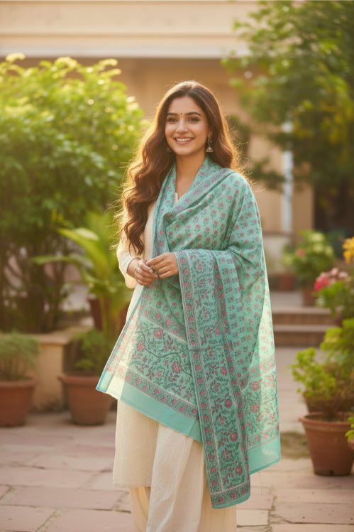 Bagru Hand Block Floral Printed Cotton Mulmul Dupatta