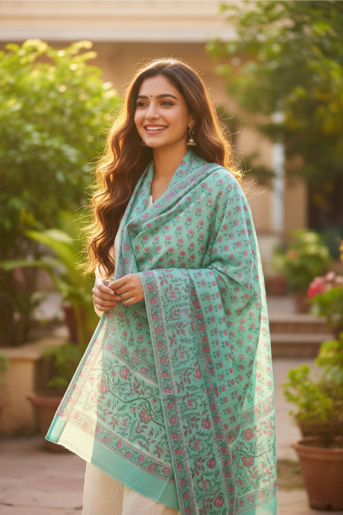 Bagru Hand Block Floral Printed Cotton Mulmul Dupatta
