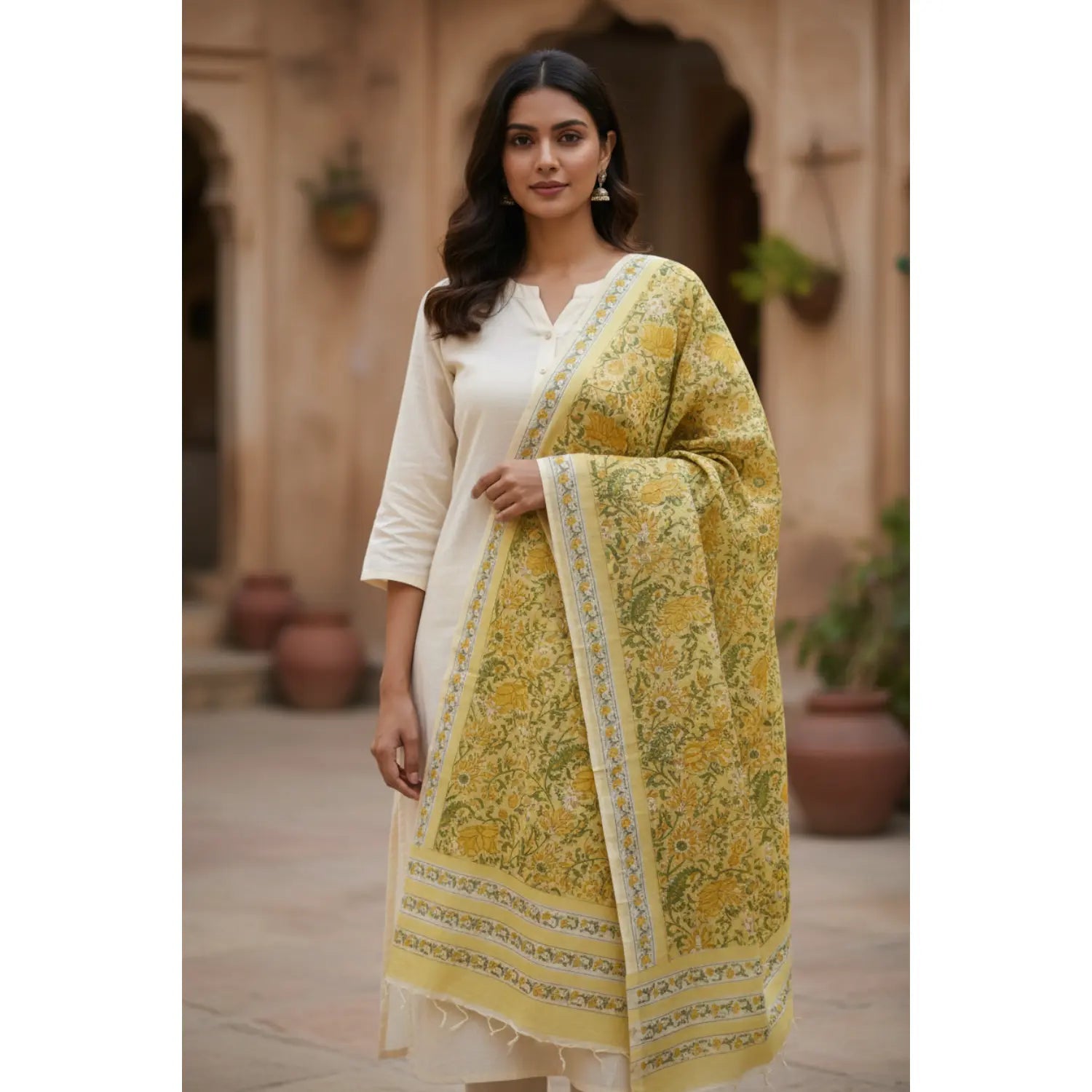 Bagru Hand Block Floral Printed Cotton Mulmul Dupatta