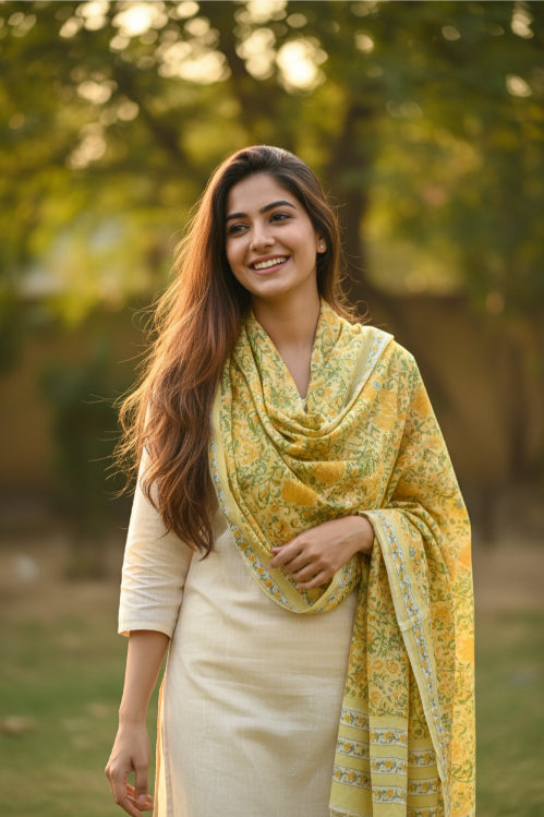 Bagru Hand Block Floral Printed Cotton Mulmul Dupatta