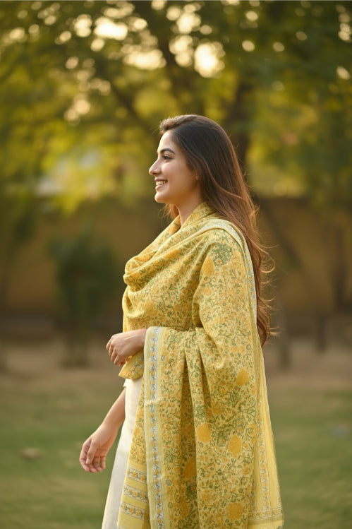 Bagru Hand Block Floral Printed Cotton Mulmul Dupatta