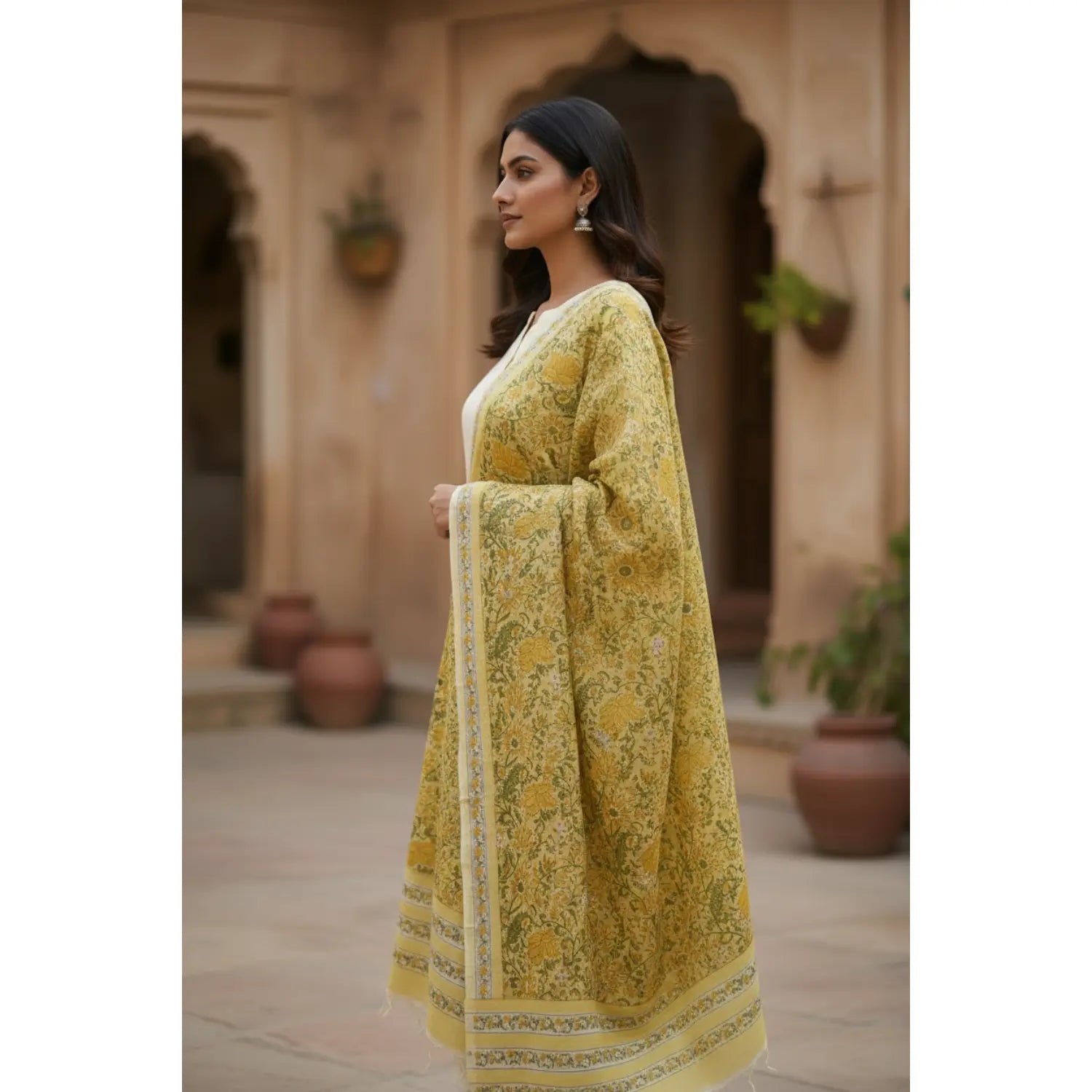 Bagru Hand Block Floral Printed Cotton Mulmul Dupatta