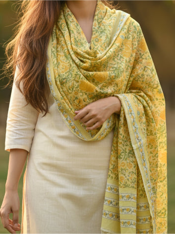 Bagru Hand Block Floral Printed Cotton Mulmul Dupatta