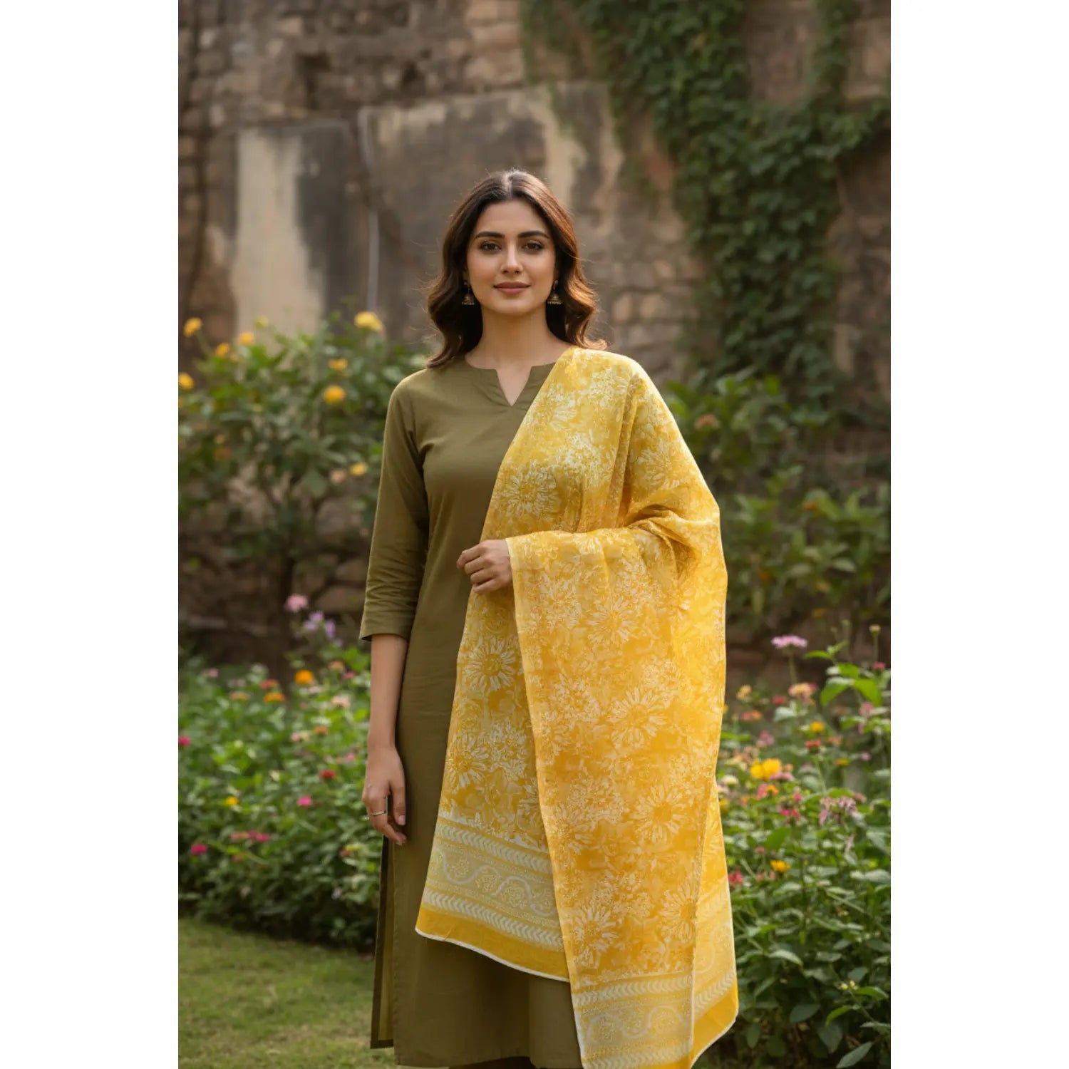 Bagru Hand Block Floral Printed Cotton Mulmul Dupatta