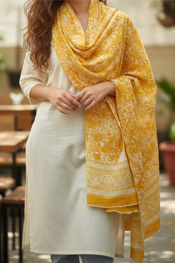 Bagru Hand Block Floral Printed Cotton Mulmul Dupatta