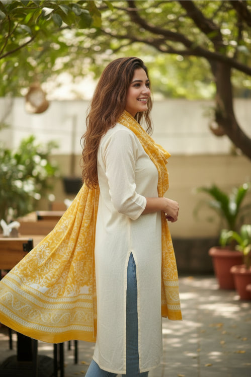 Bagru Hand Block Floral Printed Cotton Mulmul Dupatta