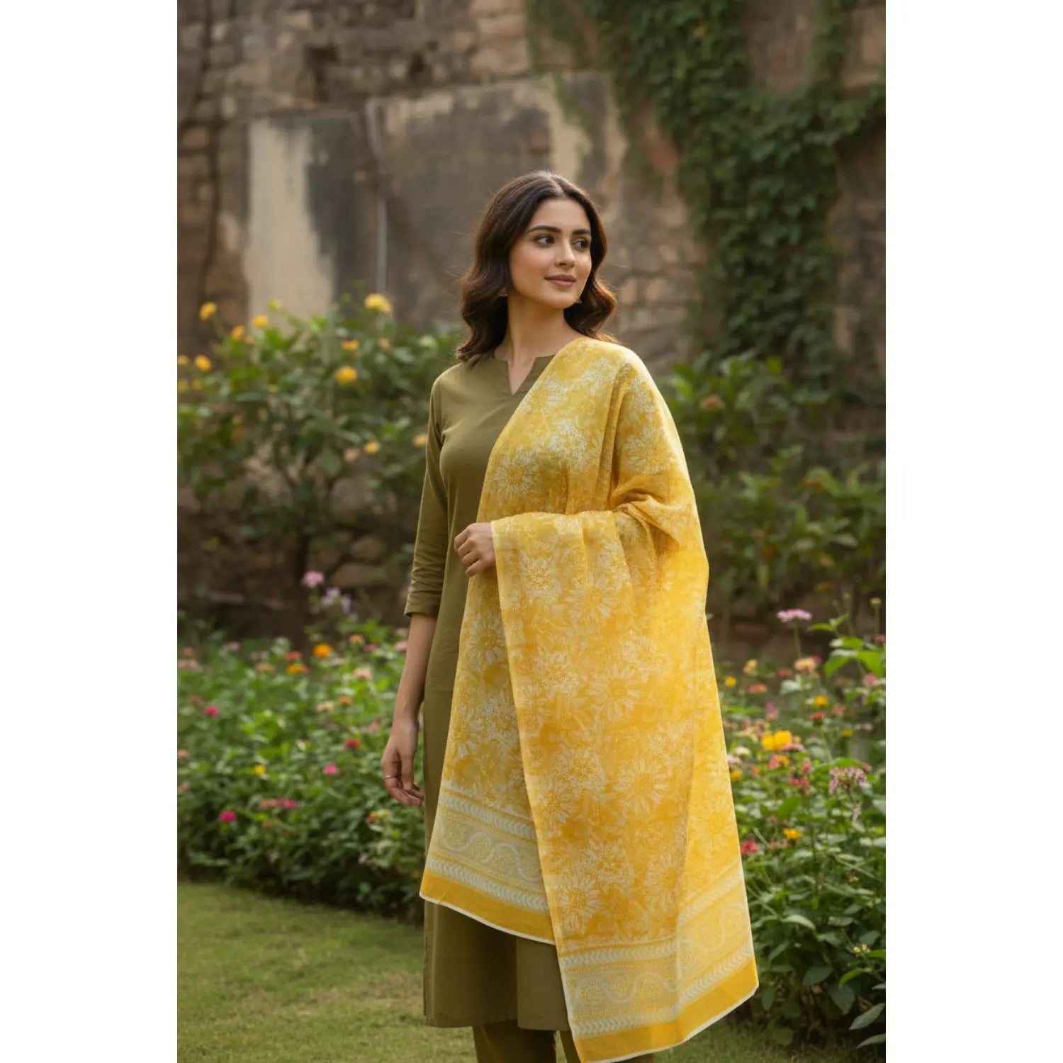 Bagru Hand Block Floral Printed Cotton Mulmul Dupatta