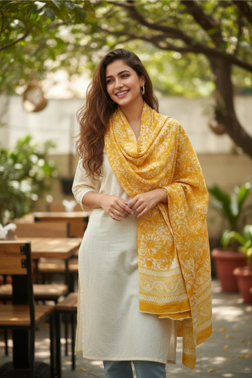 Bagru Hand Block Floral Printed Cotton Mulmul Dupatta