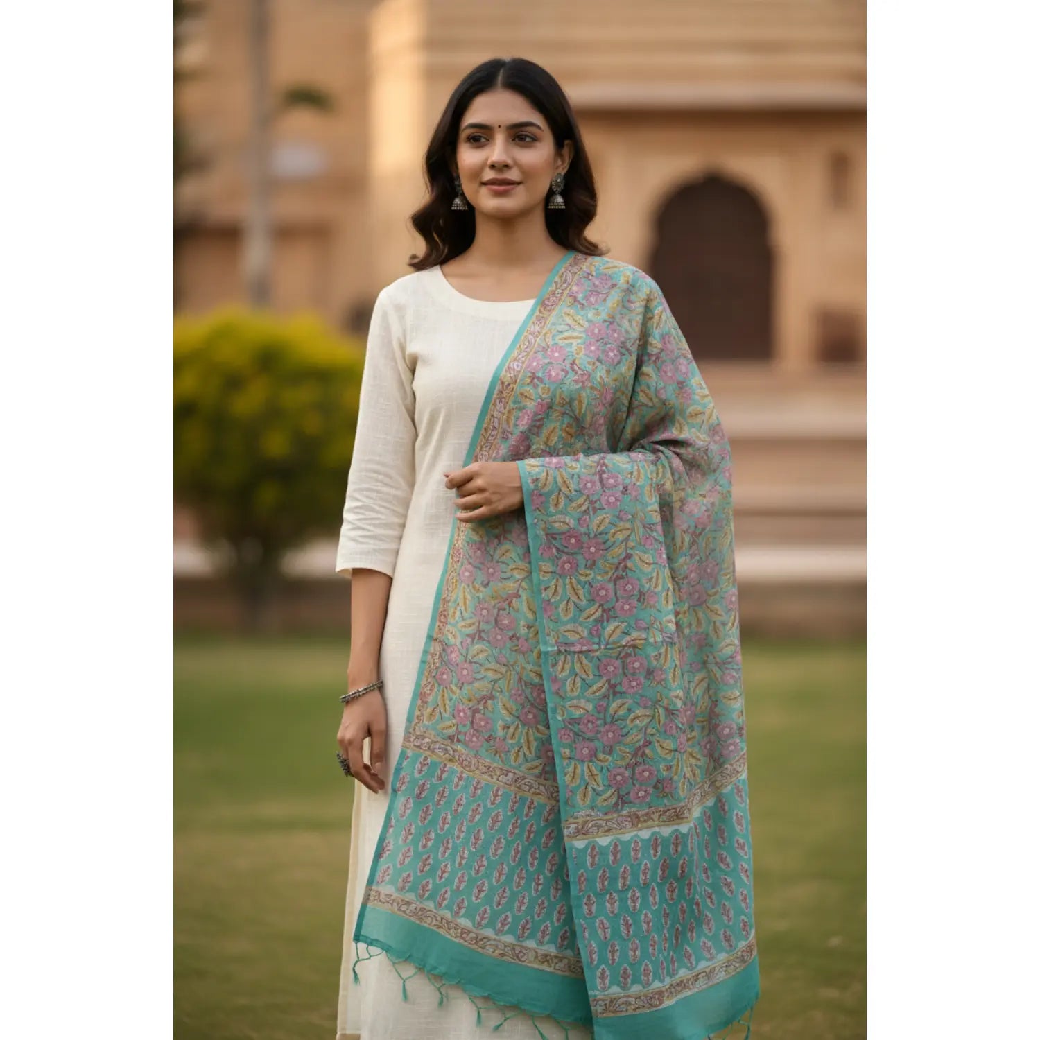 Bagru Hand Block Floral Printed Cotton Mulmul Dupatta